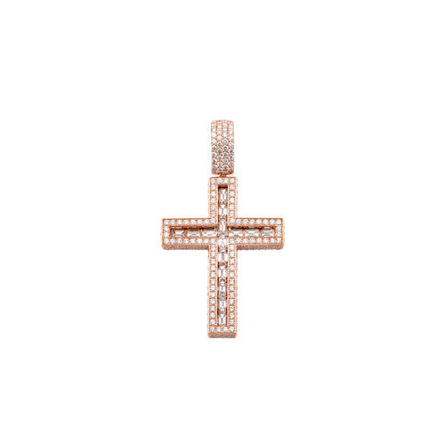 14K Rose Gold Emerald and Round DIAMOND Cross 3.93CT - Shryne Diamanti & Co.