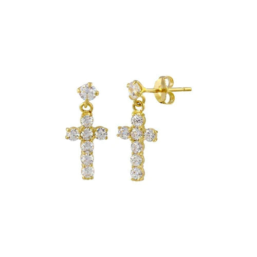 14 Karat Yellow Gold Dangling Cross Lab Diamonds Stud Earrings - Shryne Diamanti & Co.