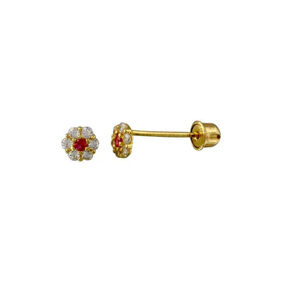 14 Karat Yellow Gold Flower Red and Clear Lab Diamonds Screw Back Stud Earrings - Shryne Diamanti & Co.