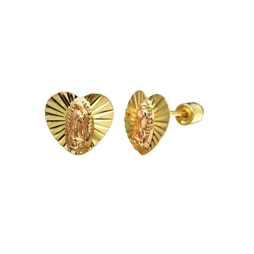 14 Karat Yellow & Rose Gold DC Heart Lady Guadalupe Screw Back Stud Earrings - Shryne Diamanti & Co.