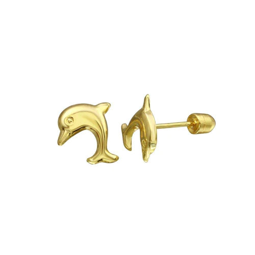 14 Karat Yellow Gold Dolphin Screw Back Stud Earrings - Shryne Diamanti & Co.