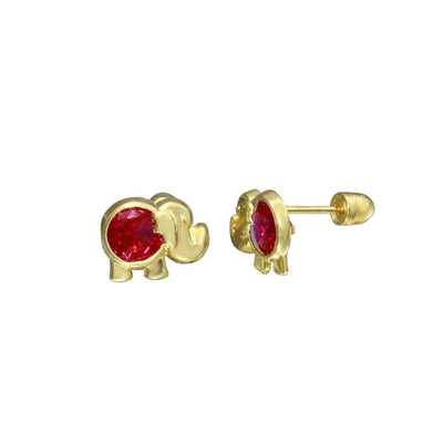 14 Karat Yellow Gold Elephant Red Lab Diamonds Screw Back Stud Earrings - Shryne Diamanti & Co.