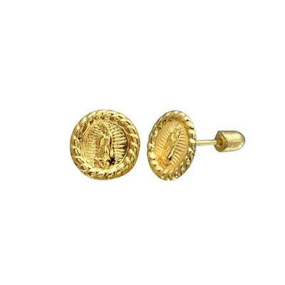 14 Karat Yellow Gold Disc Lady Guadalupe Screw Back Stud Earrings - Shryne Diamanti & Co.