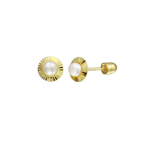 14 Karat Yellow Gold 2.8mm Pearl Center Diamond Cut Disc Screw Back Stud Earrings - Shryne Diamanti & Co.