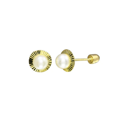 14 Karat Yellow Gold 4mm Pearl Center Diamond Cut Disc Screw Back Stud Earrings - Shryne Diamanti & Co.