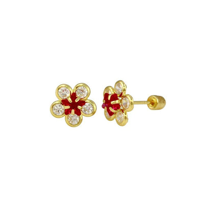 14 Karat Yellow Gold Sunflower Clear and Red Lab Diamonds Screw Back Stud Earrings - Shryne Diamanti & Co.