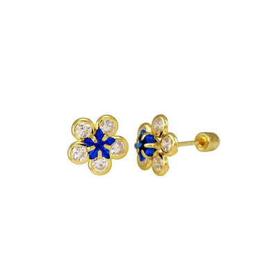 14 Karat Yellow Gold Sunflower Clear and Blue Lab Diamonds Screw Back Stud Earrings - Shryne Diamanti & Co.