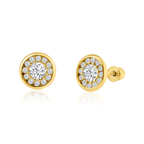 14 Karat Yellow Gold Round Clear Lab Diamonds Stud Screw Back Earring - Shryne Diamanti & Co.