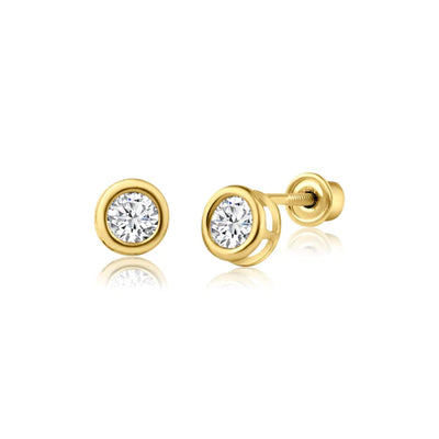 14 Karat Yellow Gold Round Bezel Screw Back Earring - Shryne Diamanti & Co.