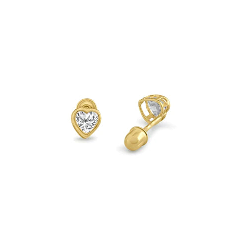 14 Karat Yellow Gold Heart Bezel Clear Lab Diamonds Screw Back Stud Earrings - Shryne Diamanti & Co.