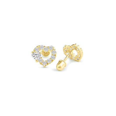 14 Karat Yellow Gold Open Heart Clear Round and Heart Lab Diamonds Screw Back Stud Earrings - Shryne Diamanti & Co.