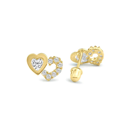 14 Karat Yellow Gold Two Hearts Clear Heart Lab Diamonds Screw Back Stud Earrings - Shryne Diamanti & Co.