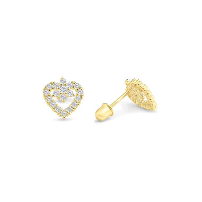 14 Karat Yellow Gold Heart Flower In The Middle Lab Diamonds Screw Back Stud Earrings - Shryne Diamanti & Co.