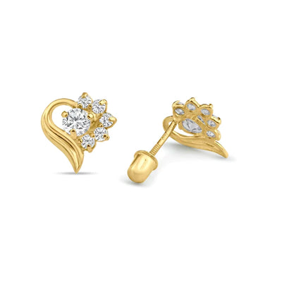 14 Karat Yellow Gold Half Heart Flower Lab Diamonds Screw Back Stud Earrings - Shryne Diamanti & Co.