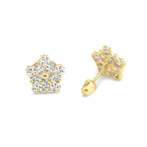 14 Karat Yellow Gold Center Lab Diamonds Flower Screw Back Stud Earrings - Shryne Diamanti & Co.