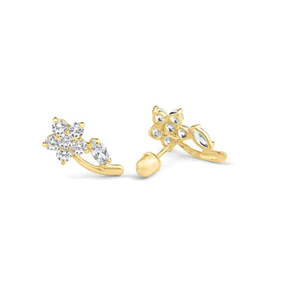 14 Karat Yellow Gold Flower Leaf Clear Lab Diamonds Screw Back Stud Earrings - Shryne Diamanti & Co.