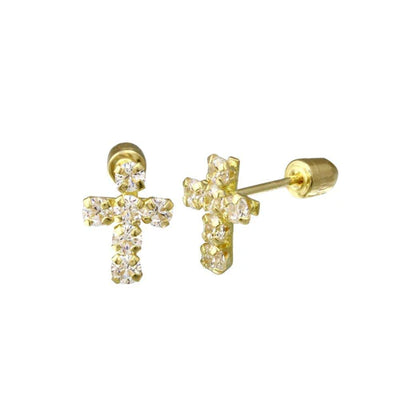 14 Karat Yellow Gold Cross Clear Lab Diamonds Screw Back Stud Earrings - Shryne Diamanti & Co.