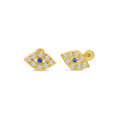 14 Karat Yellow Gold Blue and Clear Lab Diamonds Evil Eye Screw Back Stud Earrings - Shryne Diamanti & Co.
