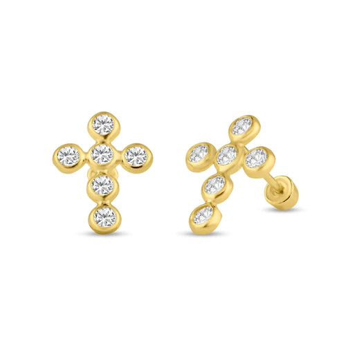 14 Karat Yellow Gold Lab DiamondsCross Screw Back Stud Earrings - Shryne Diamanti & Co.