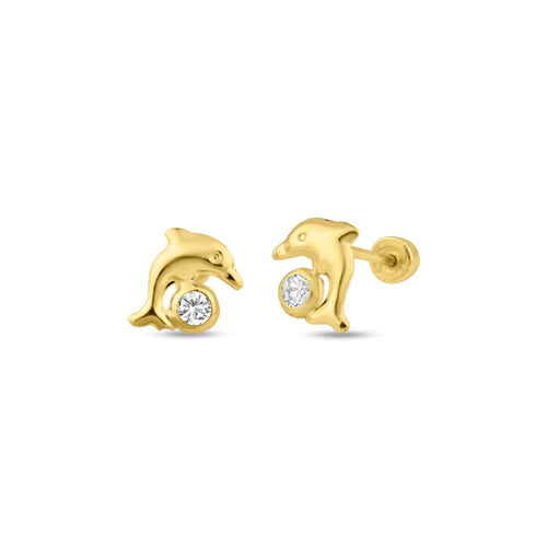 14 Karat Yellow Gold Lab Diamonds Dolphin Screw Back Stud Earrings - Shryne Diamanti & Co.