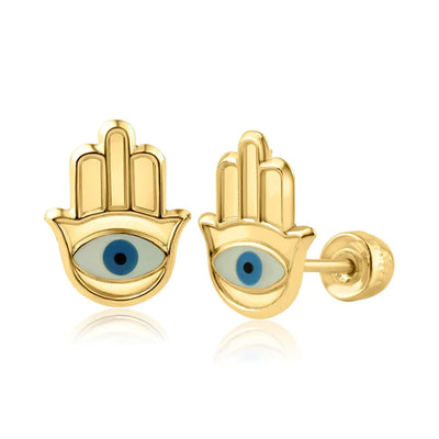 14 Karat Yellow Gold Hamsa Screw Back Earring - Shryne Diamanti & Co.