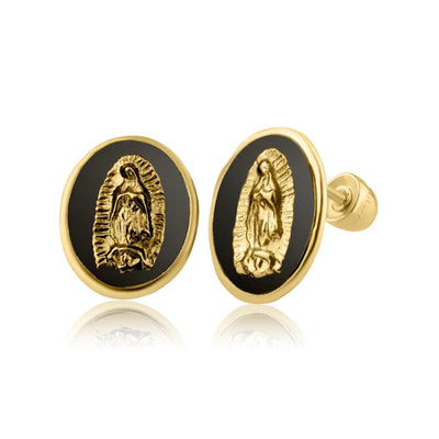 14 Karat Yellow Gold Onyx Virgin Mary Screw Back Earring - Shryne Diamanti & Co.