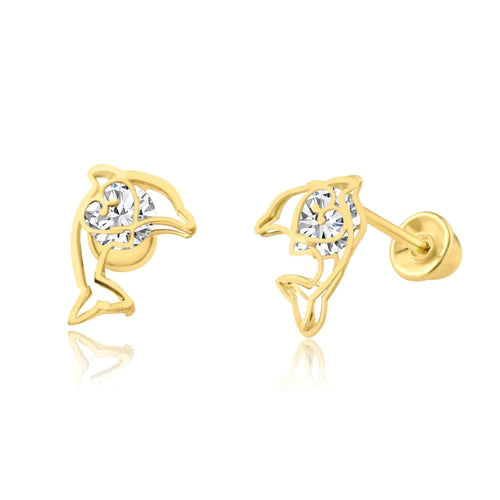 14 Karat Yellow Gold Lab Diamonds Open Dolphin Screw Back Earring - Shryne Diamanti & Co.