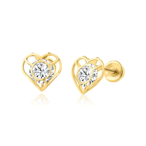 14 Karat Yellow Gold Lab Diamonds Open Heart Screw Back Earring - Shryne Diamanti & Co.