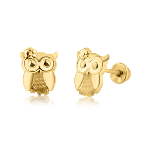14 Karat Yellow Gold Lab Diamonds Owl Screw Back Earring - Shryne Diamanti & Co.