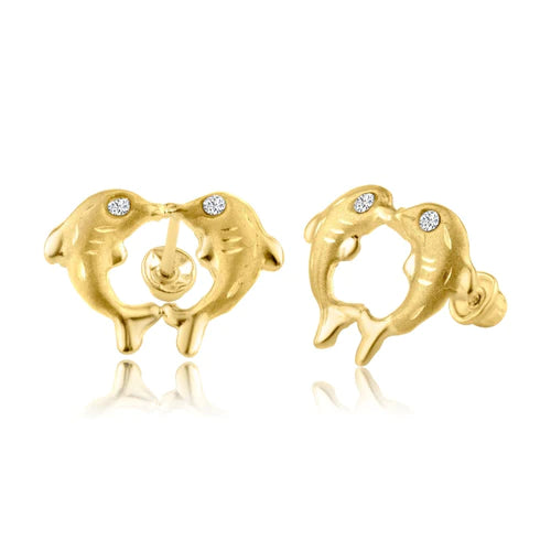 14 Karat Yellow Gold Lab Diamonds Kissing Dolphin Screw Back Earring - Shryne Diamanti & Co.