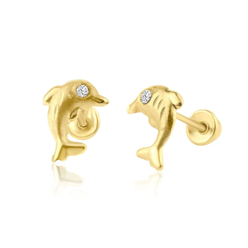 14 Karat Yellow Gold Lab Diamonds Dolphin Screw Back Earring - Shryne Diamanti & Co.