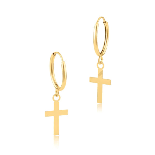 14 Karat Yellow Gold Dangling Cross Huggie Earring - Shryne Diamanti & Co.