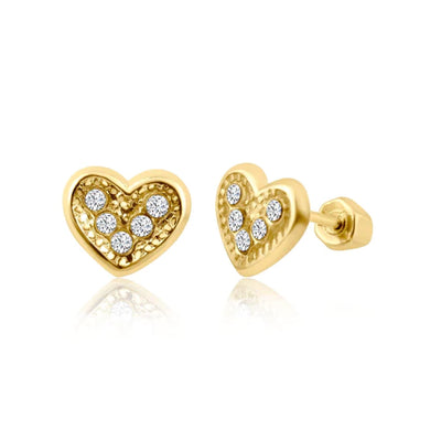 14 Karat Yellow Gold Clear Heart Stud Screw Back Earring - Shryne Diamanti & Co.