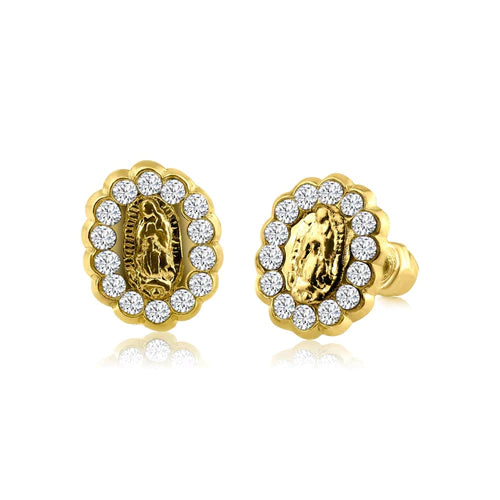 14 Karat Yellow Gold Lab Diamonds Lady of Guadalupe Screw Back Earring - Shryne Diamanti & Co.