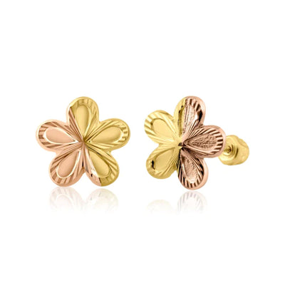 14 Karat Yellow Gold Two Tone Flower Stud Screw Back Earring - Shryne Diamanti & Co.