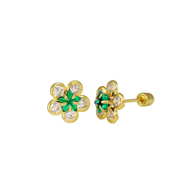 14E00071. - 14 Karat Yellow Gold Sunflower Clear and Green Lab stones Screw Back Stud Earrings - Shryne Diamanti & Co.