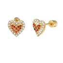 14K Gold Red & White LAB Heart Stud Earrings W. Screw Back - Shryne Diamanti & Co.