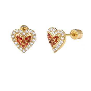 14K Gold Red & White LAB Heart Stud Earrings W. Screw Back - Shryne Diamanti & Co.