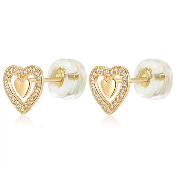 14K Gold Micro Pave LAB Double Heart Stud Earrings W. Silicone Backing - Shryne Diamanti & Co.