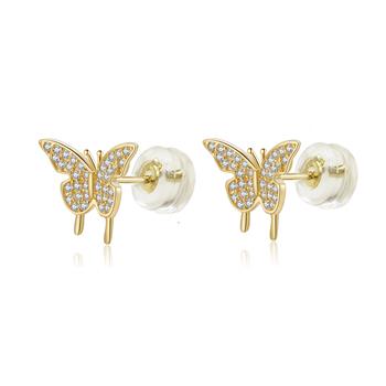 14K Gold Micro Pave LAB Butterfly Stud Earrings W. Silicone Backing - Shryne Diamanti & Co.