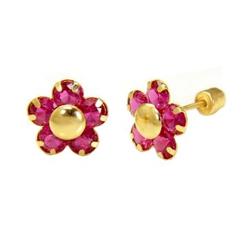 14K Gold Red Ruby LAB Flower W. Screw Back Stud Earrings - Shryne Diamanti & Co.