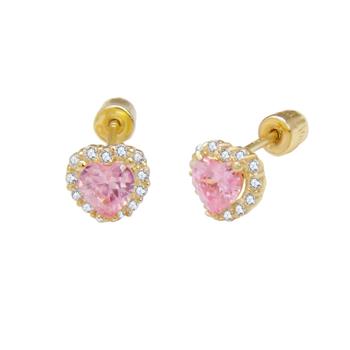 14K Gold Halo LAB Pink Heart Stud Earrings W. Screw Back - Shryne Diamanti & Co.