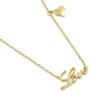 Solid 14K Yellow Gold "Love" and Dangling Heart Charm Necklace - Shryne Diamanti & Co.