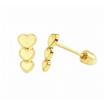 14K Gold Graduated Triple Heart W. Screw-Back Stud Earrings