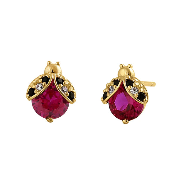 Solid 14K Yellow Gold Ladybug Ruby Lan Stone Earrings - Shryne Diamanti & Co.