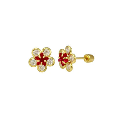 14E00073. - 14 Karat Yellow Gold Sunflower Clear and Red Lab stones Screw Back Stud Earrings - Shryne Diamanti & Co.