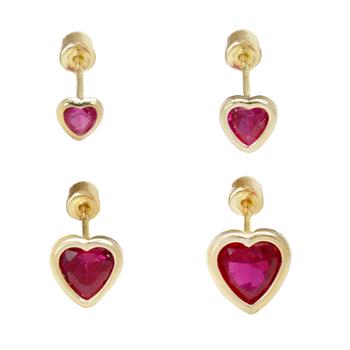 14K Gold Ruby Red LAB Heart Bezel-Set Stud Earrings W. Screw Back - Shryne Diamanti & Co.