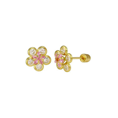14E00070. - 14 Karat Yellow Gold Sunflower Clear and Pink Lab stones Screw Back Stud Earrings - Shryne Diamanti & Co.