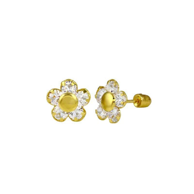 14E00069. - 14 Karat Yellow Gold Sunflower Diamond Cut Clear Lab stones Screw Back Stud Earrings - Shryne Diamanti & Co.