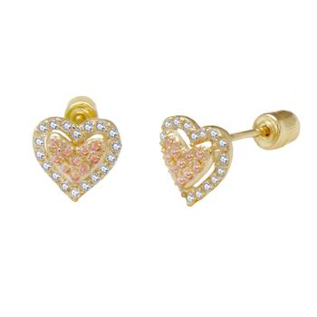 14K Gold Pave LAB Pink Heart Stud earrings W. Screw Back - Shryne Diamanti & Co.